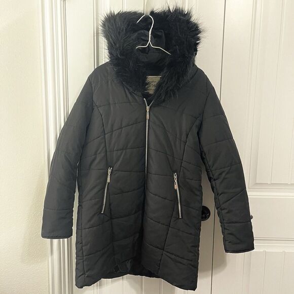Maralyn & Me Jackets & Blazers - Maralyn & Me Juniors' Hooded Faux-Fur-Trim Puffer Coat Black Size XL‎ NWOT